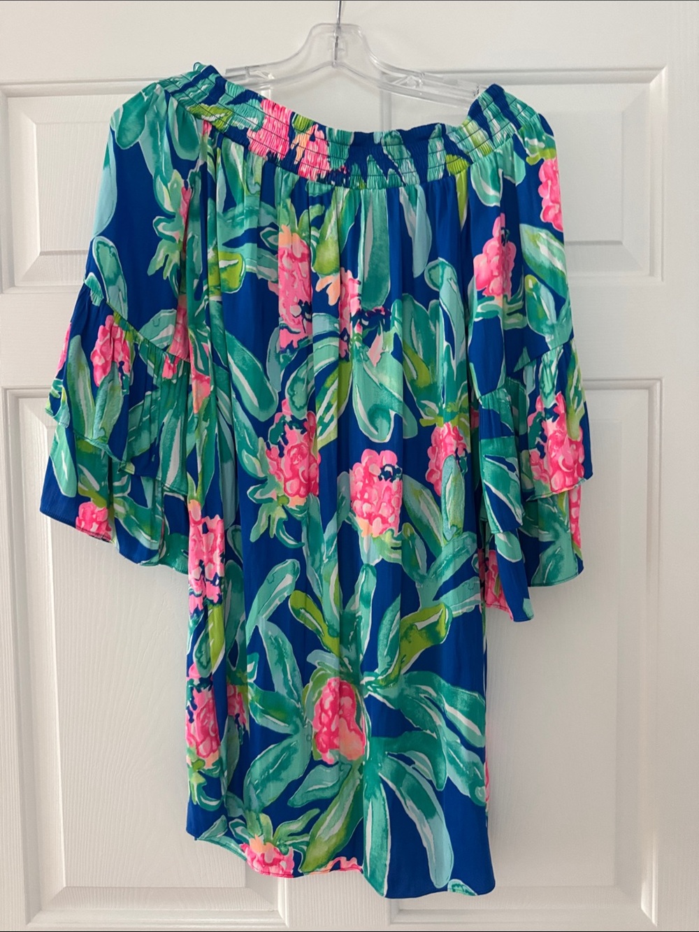 Lilly Pulitzer Blue Off-Shoulder Top with Pink & Green Floral Print